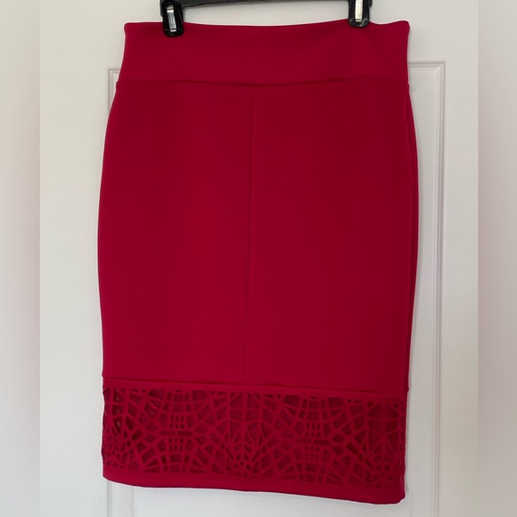Thalia Sodi Deep Rose Red Skirt with Windowpane & Mesh Detail at Bottom - Picture 6 of 10